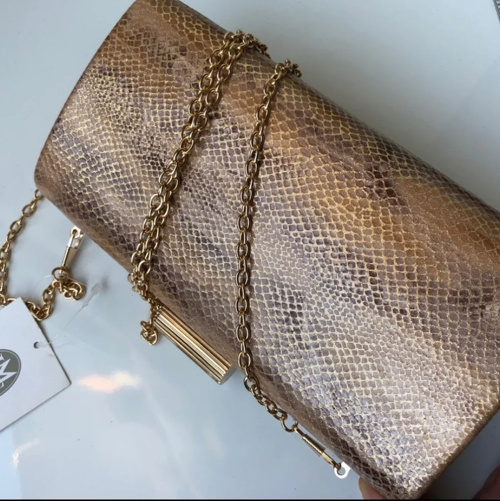 Jessica McClintock Gold Metallic Reptile‎ Chain Strap Clutch Shoulder Bag